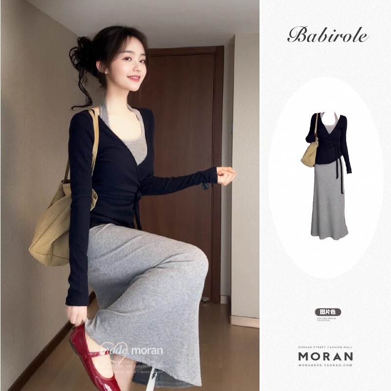 French-Style Gray Halter Neck Spaghetti Strap Dress for Women 2025 New Early Autumn Outfit Complete Set Elegant Bodycon Long Dress French-Style Gray Halter Neck Spaghetti Strap Dress for Women 2025 New Early Autumn Outfit Complete Set Elegant Bodycon Long Dress