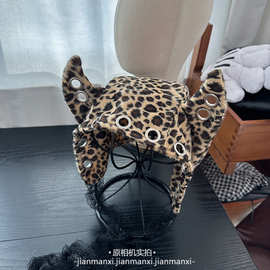 朋克风蕾丝系绳套头帽女秋冬季甜酷辣妹y2k金属环装饰恶魔角帽子