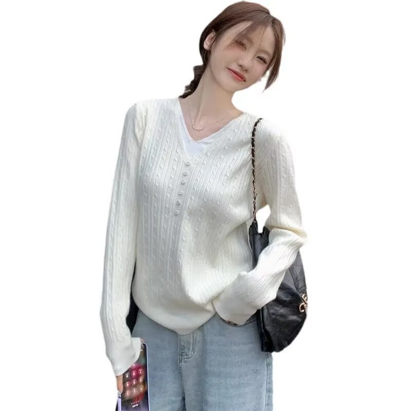 设计感纽扣v领假两件纯欲针织衫女春秋ins宽松慵懒风别致打底毛衣|undefined