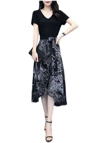 Summer Women's Stylish Slimming Belted Short-Sleeve Dress Flowing Chiffon Medium-Length Dress Plus Size Women's Skirt