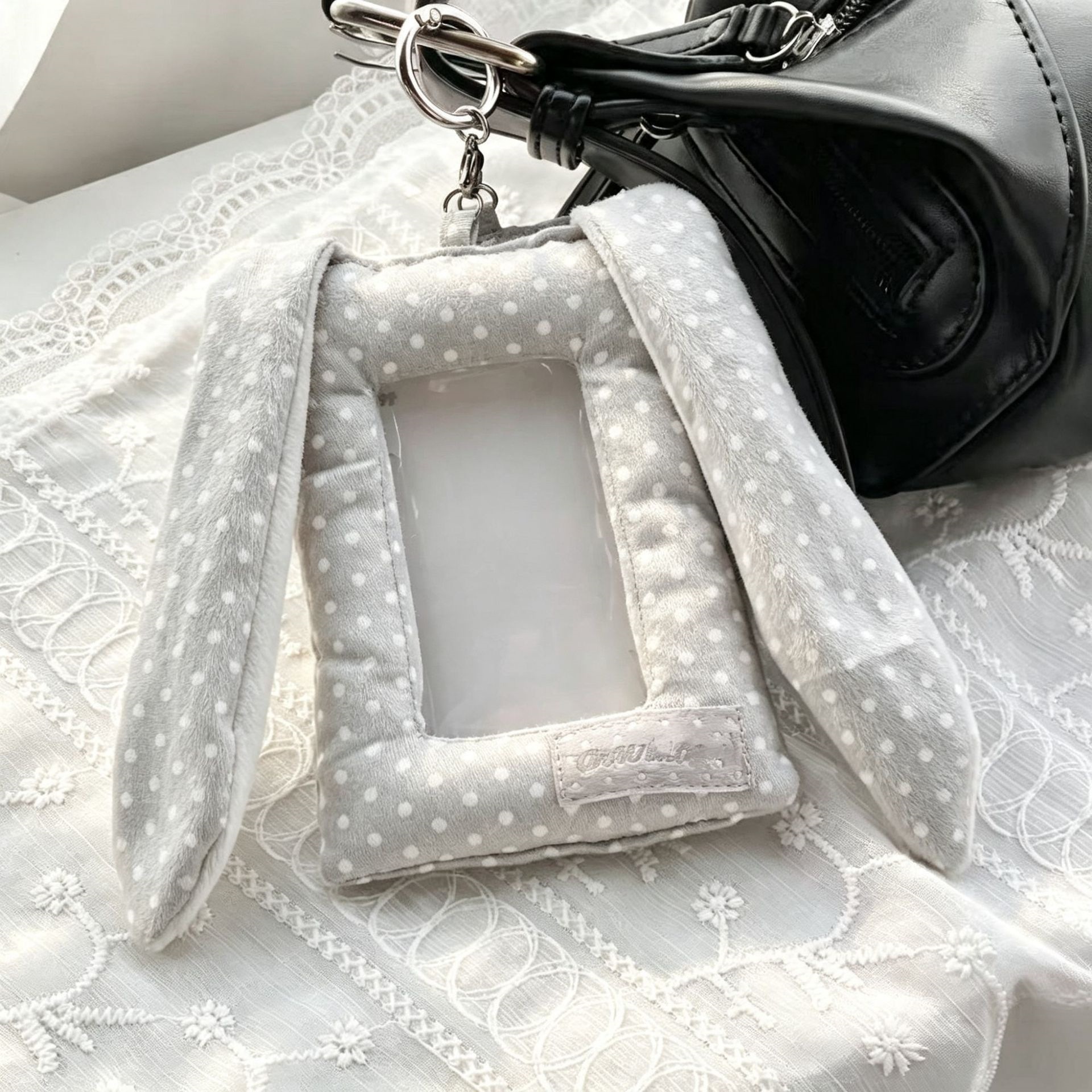 Japanese-style polka dot bunny ear fabric card holder, soft and fluffy small card storage bag, polaroid idol photo card pendant
