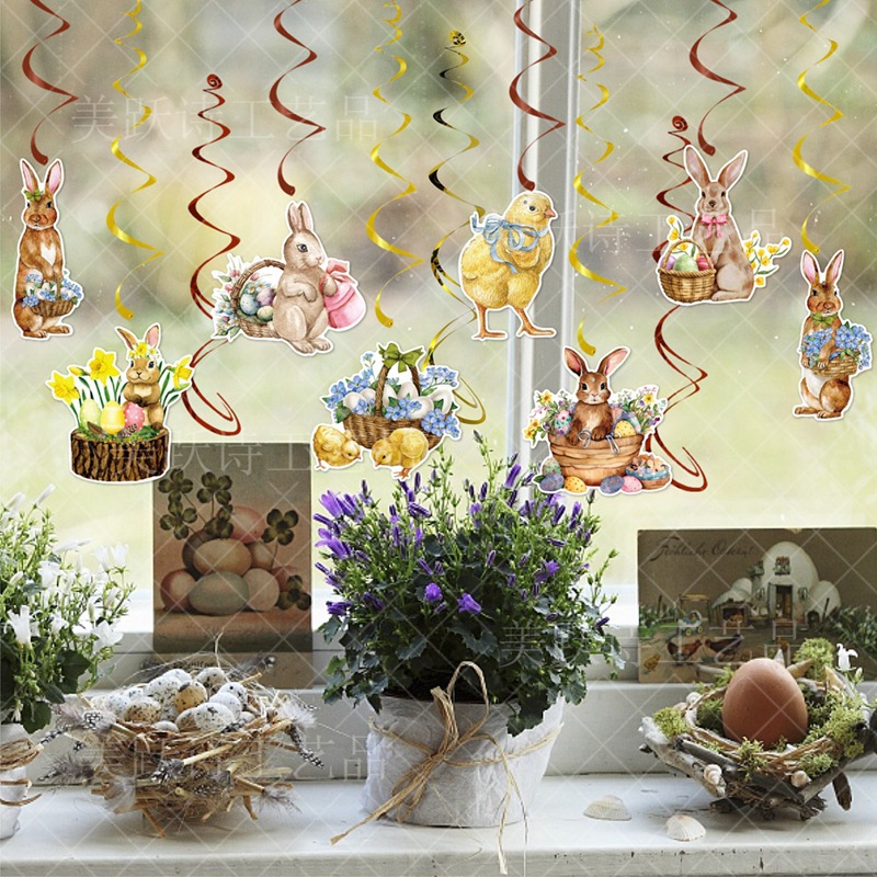 Vintage tema Pascua fiesta decoración tire bandera traje conejo espiral colgante adorno feliz Pascua bandera