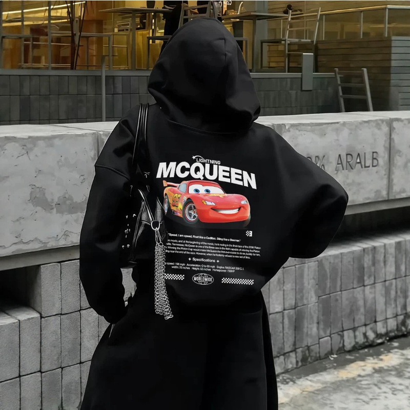 Fun Cartoon Lightning McQueen Racing Car Back Print Black Hooded Sweatshirt, Versatile Top for Couples' Daily Wear