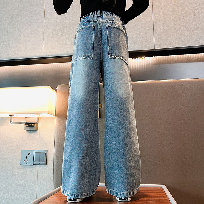 소녀 데님 넓은 다리 바지 봄과 가을 바지 2023 새로운 트렌디 쿨 웨스턴 스타일 대형 어린이 느슨한 캐주얼 스트레이트 바지