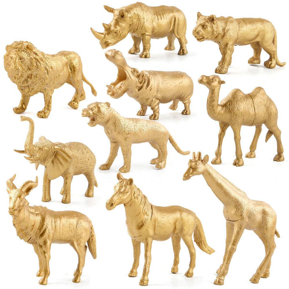 Exportación transfronteriza de oro bosque animal adornos juguetes de simulación girafa dorada leones rinocerontes caballos adornos estáticos