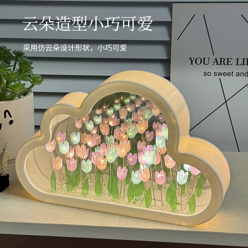 Línea roja Tulipan flores mar lámpara de noche hecha a mano DIY atmósfera creativa lámpara decoración de escritorio pequeños adornos regalos creativos