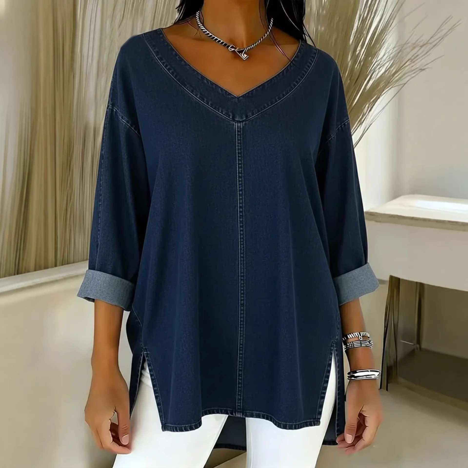 Women's Denim V Neck Top Street Fashion Spring New Arrival_ecoleips.com