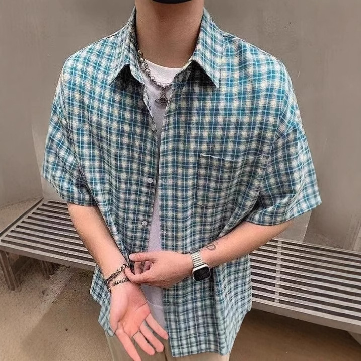 아메리칸 레트로 체크 무늬 셔츠 반팔 남성 여름 트렌디 브랜드 얇은 루즈 통기성 시원한 옷깃 5부 소매 탑