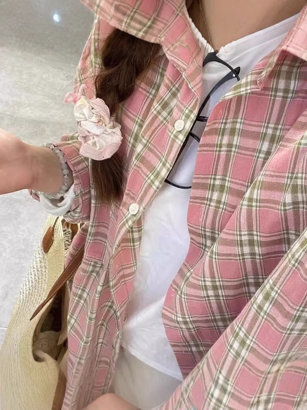 レイジーブルーチェック柄シャツジャケット女性のための 2025 夏韓国カジュアルルーズ日焼け止めシャツアウタートップ|undefined