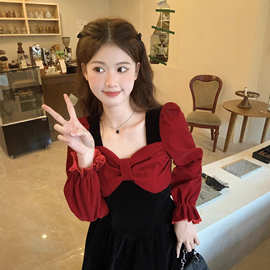 大码女装假两件连衣裙秋冬胖mm显瘦收腰复古法式新年红色裙子