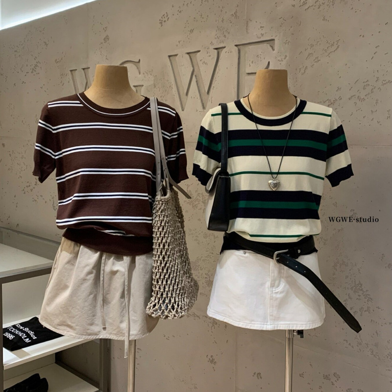 Wgwe Summer Korean Style Retro Striped Color-Blocking Versatile Slim-Fit Regular Shoulder Round Neck Short-Sleeve Knit Top for Women W9762 Wgwe Summer Korean Style Retro Striped Color-Blocking Versatile Slim-Fit Regular Shoulder Round Neck Short-Sleeve Knit Top for Women W9762