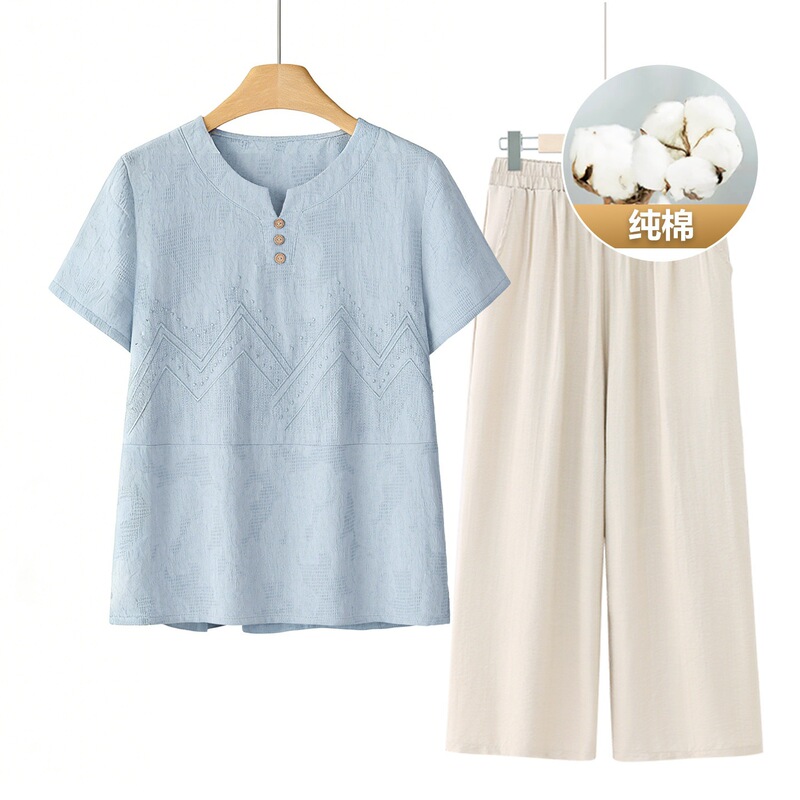 Grandma's Summer Outfit, Elegant Set for Middle-Aged and Elderly Women, Short-Sleeve T-Shirt Clothing for Mothers, Summer Top for Elderly Ladies