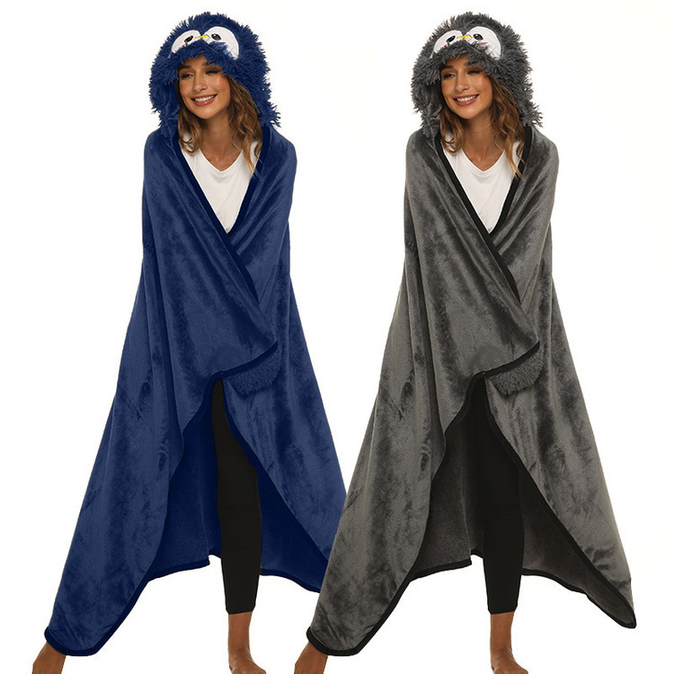 D51 Flannel Penguin Cape Adult Wearable Soft and Comfortable Sherpa Hoodie Shawl Penguin Sofa Blanket