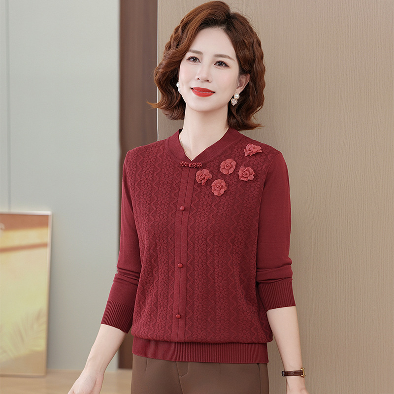 中年媽媽裝上衣2025新款洋氣減齡中老年女短袖T恤針織小衫上衣，女裝針織衫/毛衣，妃慕昵服飾