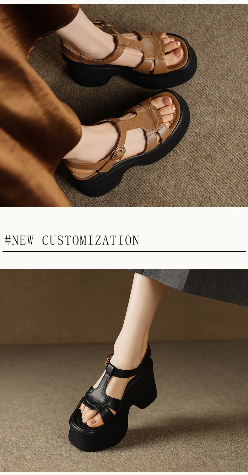 Sandal nữ đế nêm da thật phong cách La Mã hở mũi, gót 10 cm — đen, màu nâu sẫm chi tiết 3