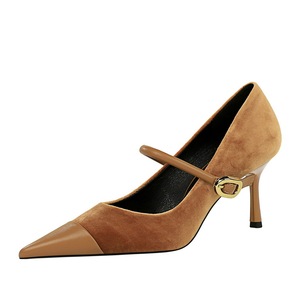 9116-A1 Korean Banquet High Heel Women's Shoes with Thin Heels, Xishi Suede Surface, Shallow Mouth Splice, Pointed 
