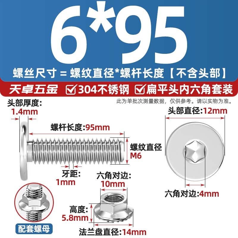 304不锈钢CM大平头超薄头C头扁平头内六角螺丝钉法兰边螺母套装M5|undefined