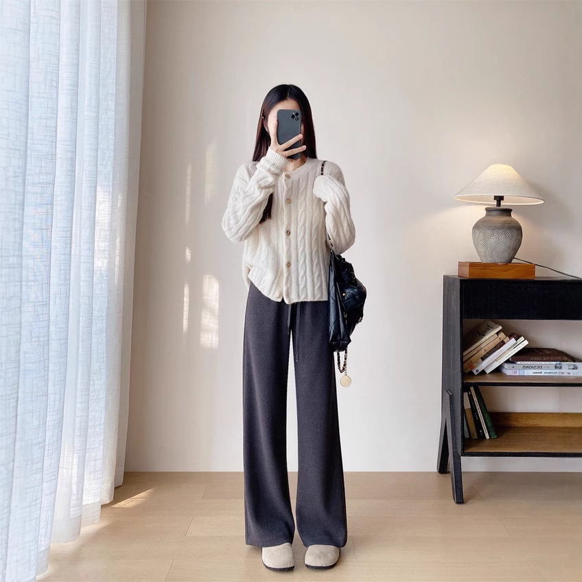 일본 입 바지 2.0 실크 울 캐주얼 스트레이트 바지 ELASTOSTOELASTIC WAIST DAPDOWN 스트레이트 캐주얼 바지 가을과 겨울