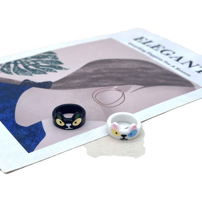 Divertido resina negro gato blanco gato monstruo anillo grandes ojos dulce fresco dibujos animados lindo novias pareja anillo joyería