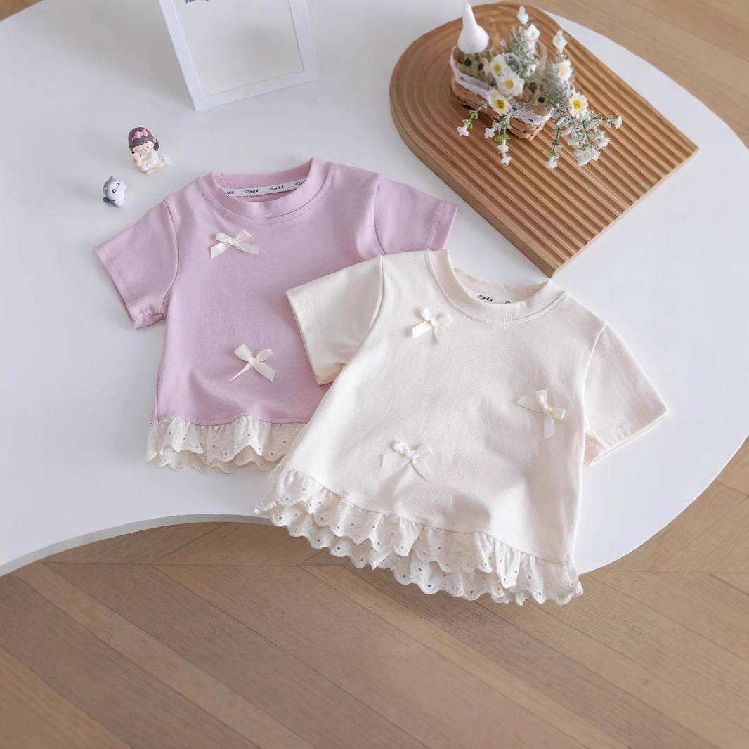 [48H Delivery] Girls Summer Short-Sleeved Baby Children's Clothing Summer Pink White Half-Sleeved Lace T-Shirt Top Summer