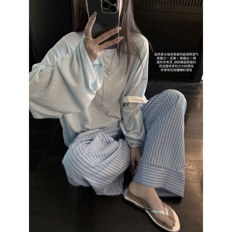 Superniniyy Tencel Mulberry Silk Linen Snowflake Cotton Refreshing and Breathable Loose Round Neck Long-Sleeved Sun Protection T-Shirt Superniniyy Tencel Mulberry Silk Linen Snowflake Cotton Refreshing and Breathable Loose Round Neck Long-Sleeved Sun Protection T-Shirt