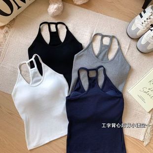 1132 # Solid Color Sleeveless Halter Neck Camisole with Chest Pads, Spring Korean Style Design, Slim Fit Top