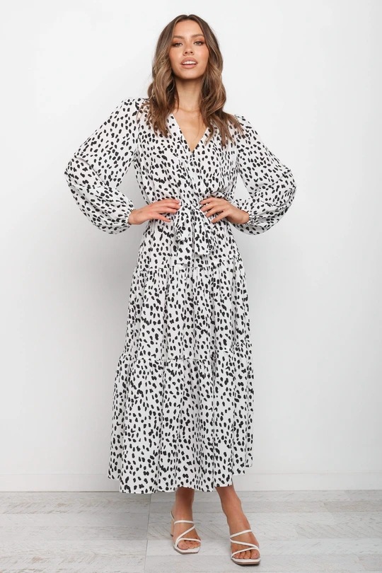vestido holgado de manga larga con estampado de leopardo y cuello en V NSHFC136589