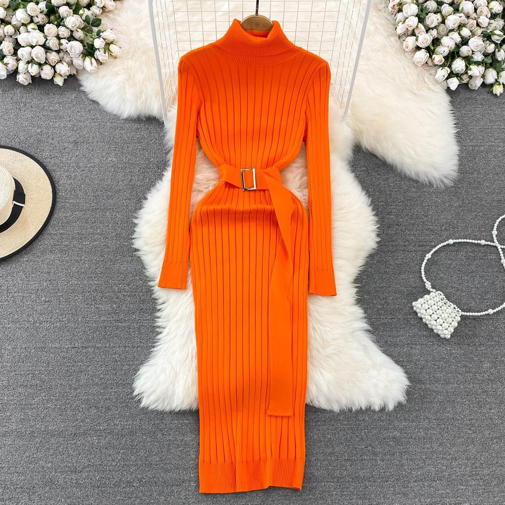Women's Clothing autumn and winter sweater bottoming long skirt style goddess style high waist elastic tight knitted hip covering dress_voghion.com