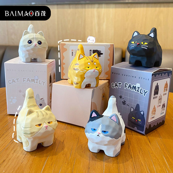 Hundred Mau Original Wood Carving Style Standing Posture Meow Meow Resin Doll Ornaments Cute Muppet Creative Home Desktop Decorations