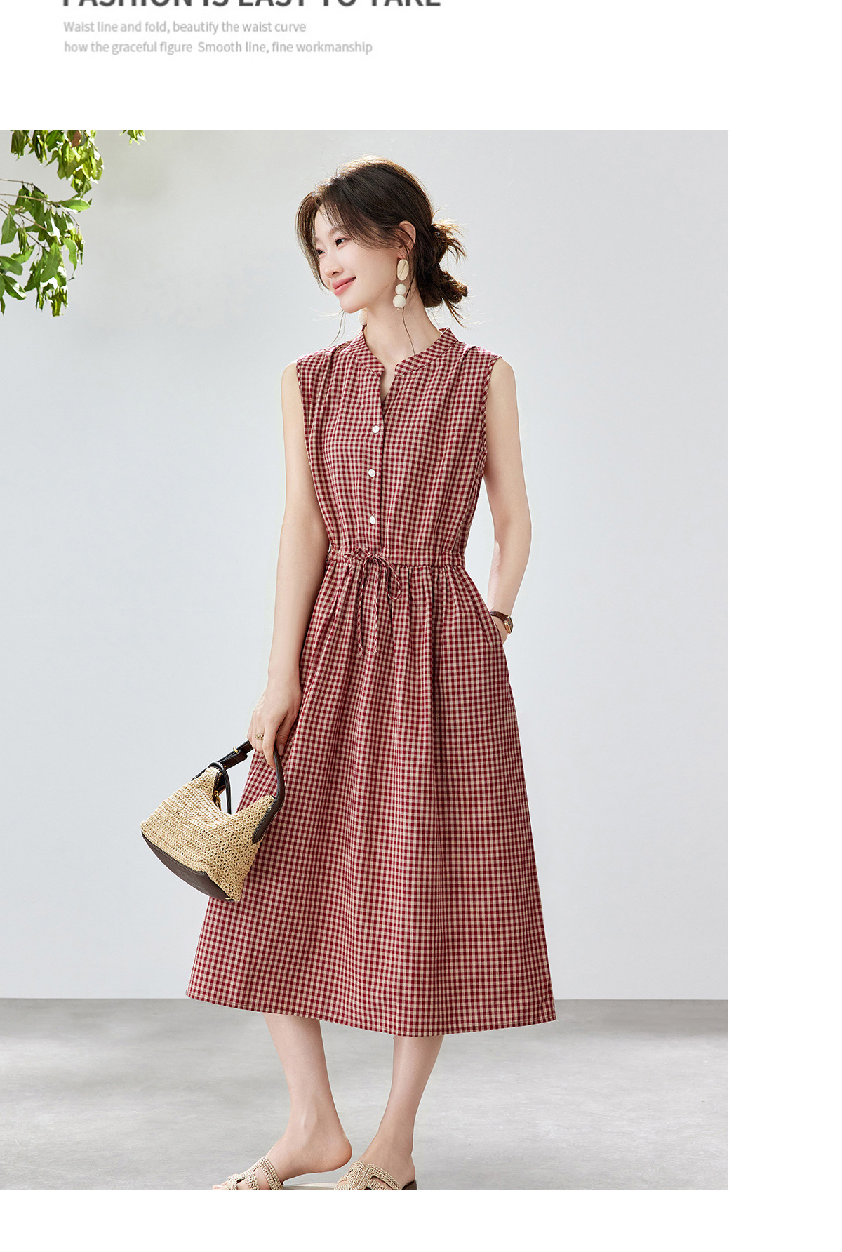 Đầm maxi nữ thắt eo cổ V rút dây, dáng chữ A trung niên mùa hè — Sọc Tây Tạng, Lưới đỏ, Sọc kaki chi tiết 16