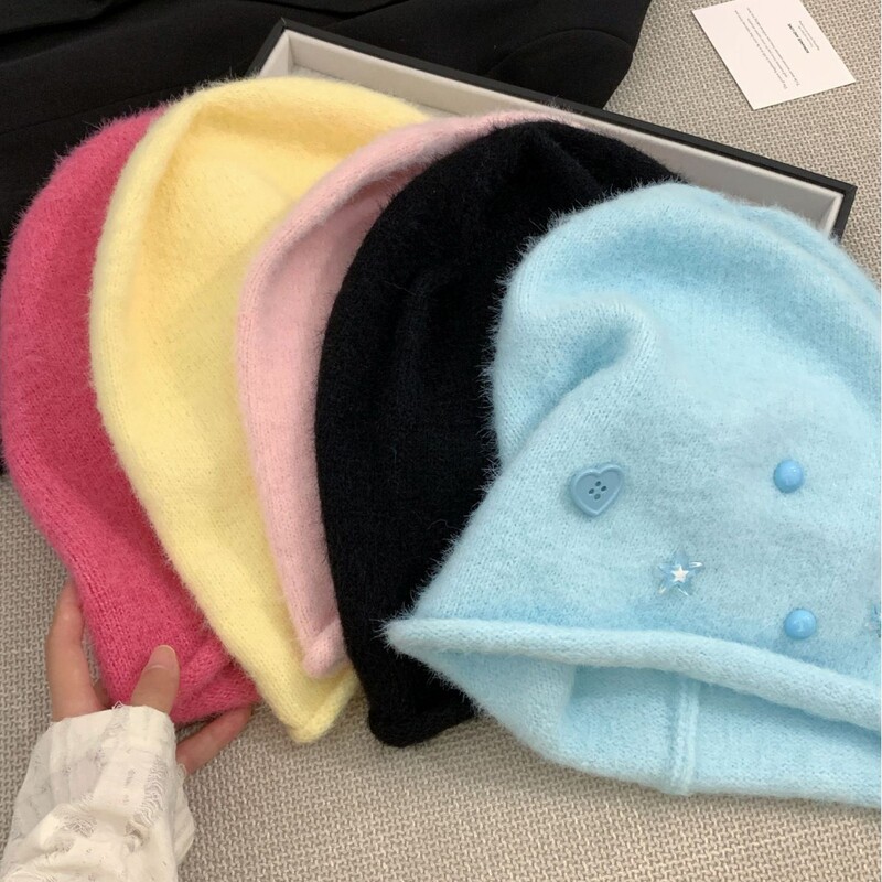 日系甜美爱心纽扣星星堆堆帽女秋冬保暖大头围显脸小宽松堆堆帽子|undefined