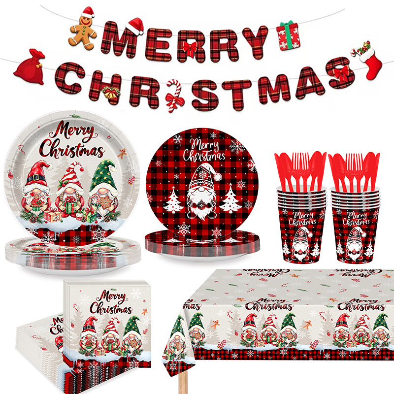 Christmas Red and Black Plaid Elf Party Tableware Set Christmas Faceless Doll Napkin Tablecloth Christmas Red and Black Plaid Elf Party Tableware Set Christmas Faceless Doll Napkin Tablecloth