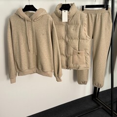时尚连帽设计感卫衣跨境欧美风棉服马甲上衣+卫衣休闲裤三件套冬