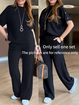Women's Casual Two-Piece Set, Solid Color Loose Fit Lounge Wear, Comfortable Long Sleeve Top And Trousers Outfit_ecoleips.com