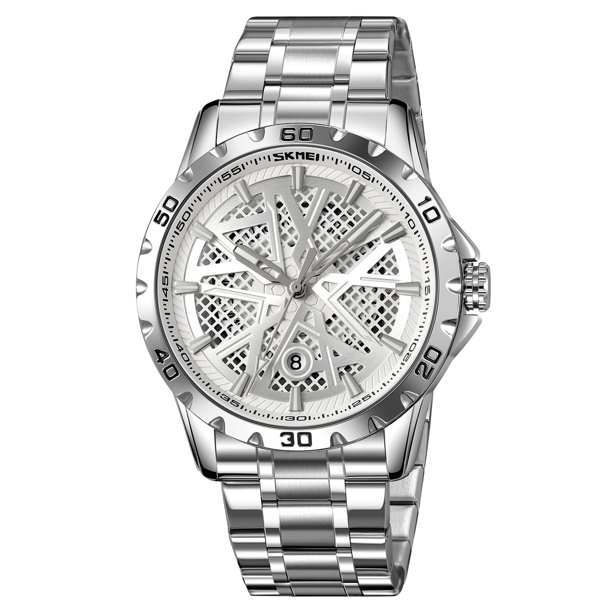 Momento de reloj de hombre redondo hueco correa de acero impermeable calendario reloj de pulsera simple reloj de cuarzo comercial al por mayor transfronterizo