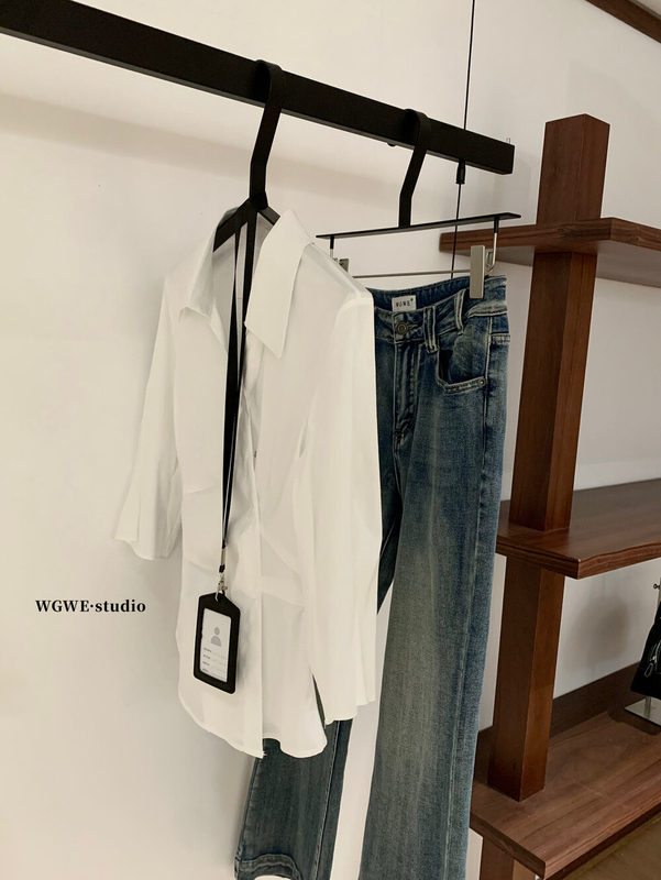 WGWE早秋韩系设计感收腰显瘦修身减龄气质polo领七分袖衬衫W6921|undefined