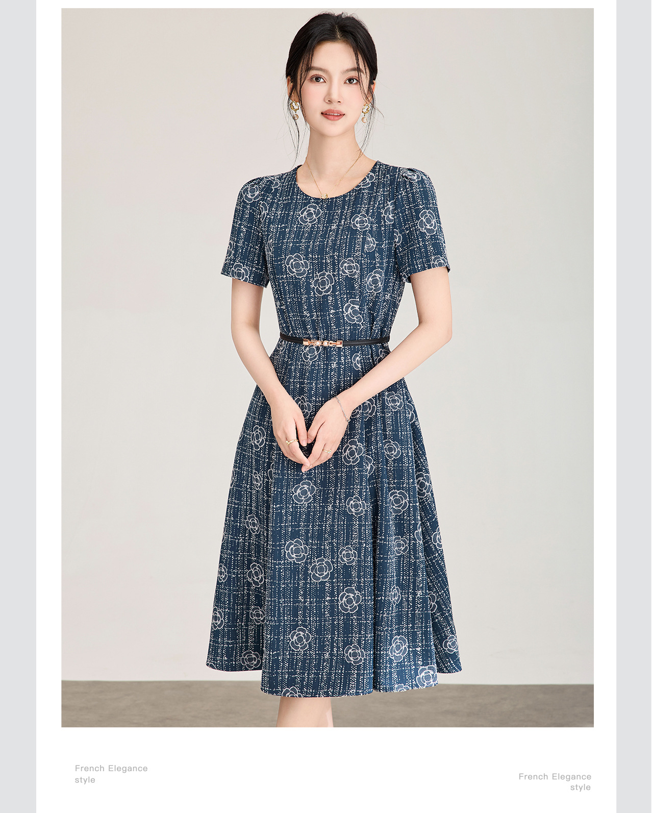 Đầm maxi nữ thắt eo họa tiết hoa sơn trà nổi — xanh lam chi tiết 8