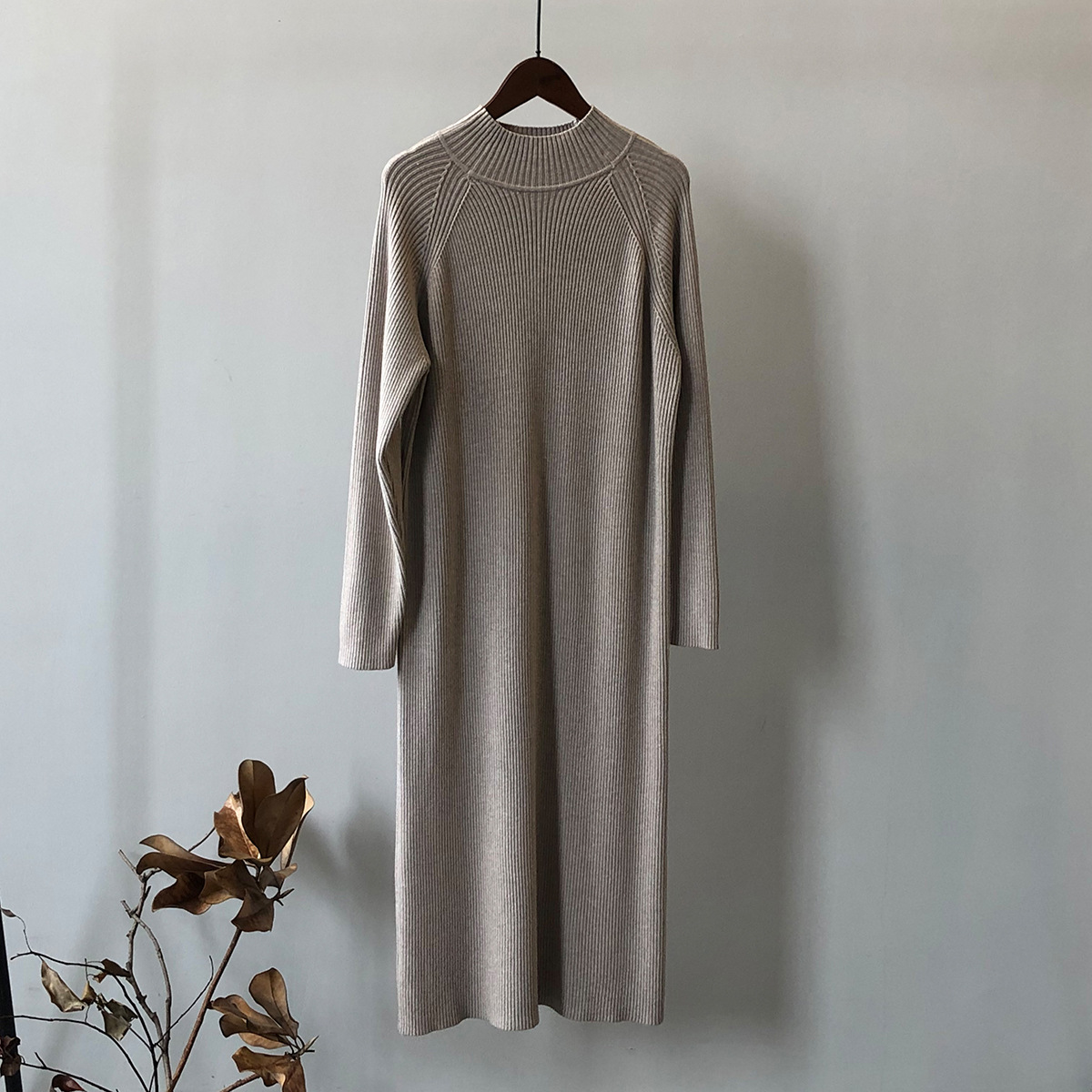 Knitted Dress Women Winter Half Turtleneck Bottoming Sweater Mid Length Overknee Dress