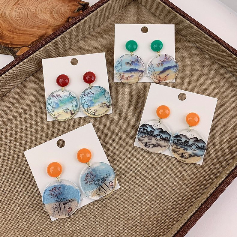 Vente En Gros Bijoux Peinture De Paysage Boucles D&#39;oreilles Pendantes Géométriques Nihaojewelry display picture 18