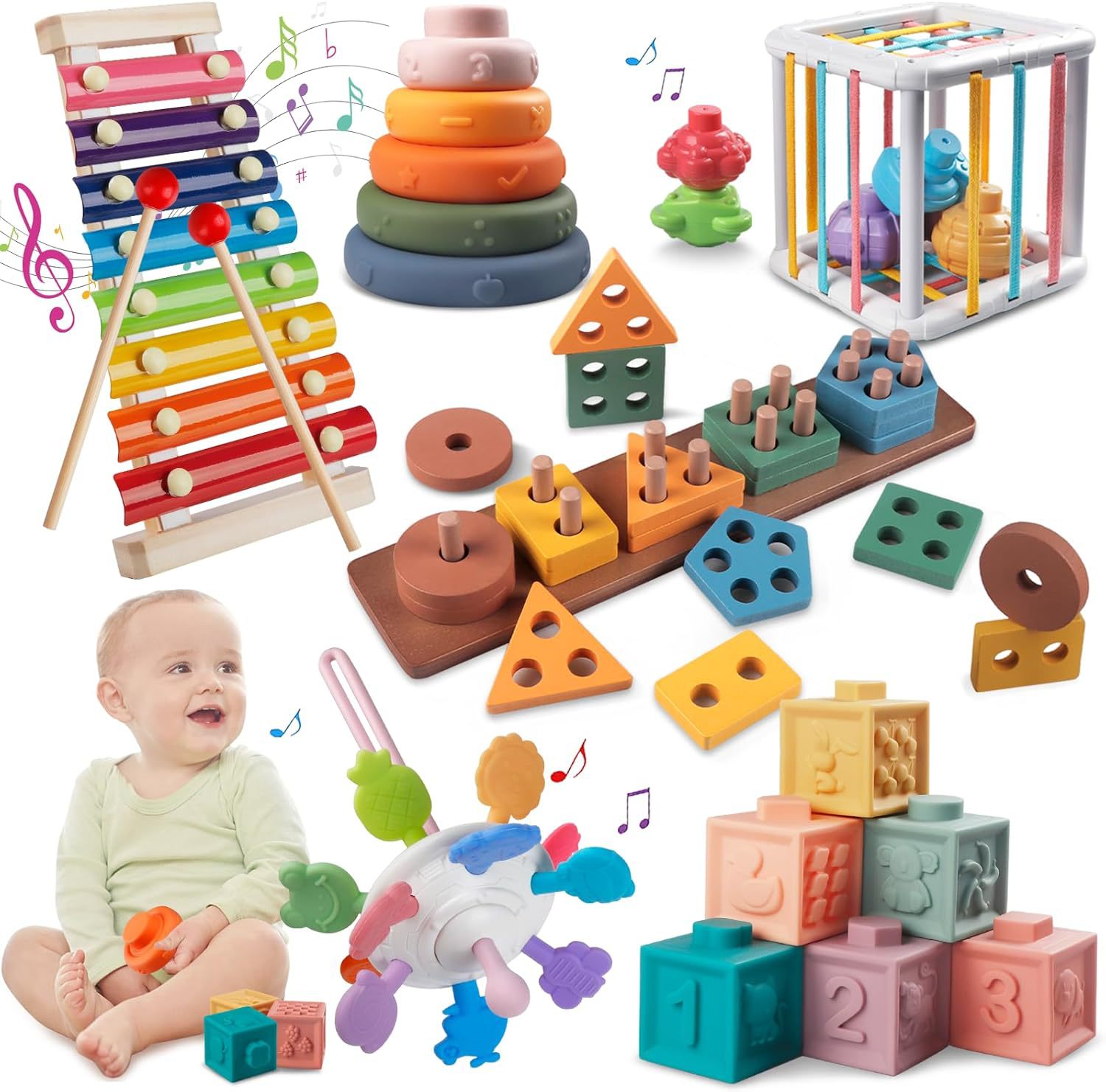 Montessori Altersklassifizierung Stapel-Lernspielzeug 6-12 Monate Holzbausteine Xylophon Babyzahnungsspielzeug
