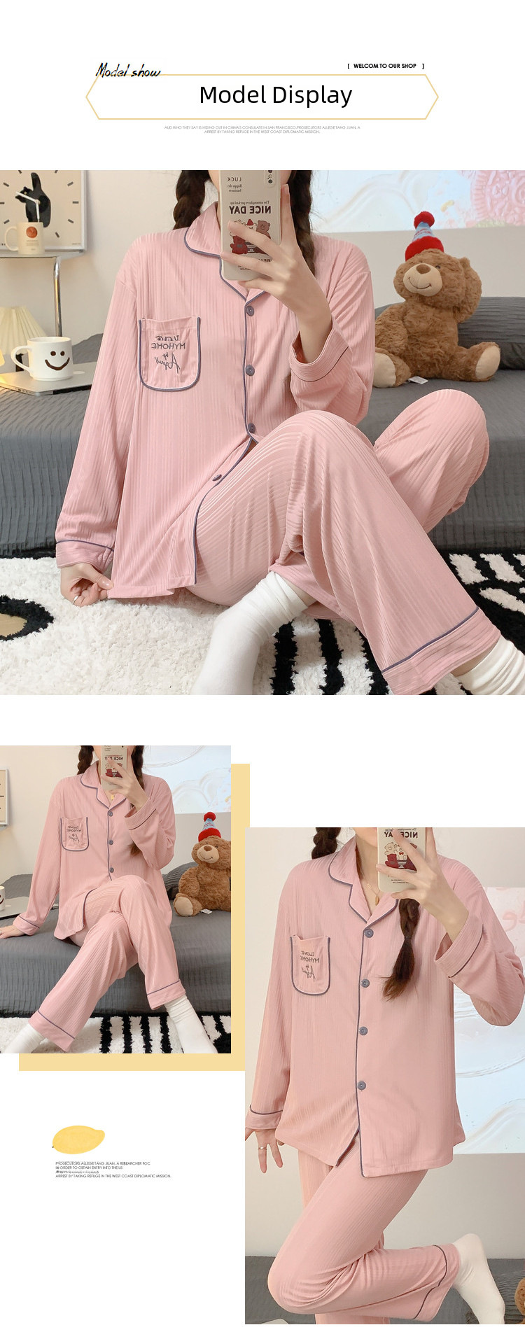 Sweet cartoon embroidered bear girl sweet spring and autumn long-sleeved trousers cardigan milk silk pit foreign trade suit_voghion.com