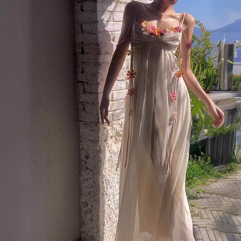 Heavy Industry High-end Sense Fog Look at Flowers Acetic Acid Sling Dress Spring and Summer High-end Exquisite Vacation Fairy Dress