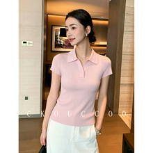 荣太夏日清新莱赛尔天丝POLO针织衫短袖女V领单扣纯色百搭日常T恤