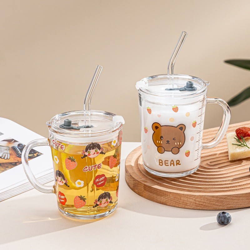 Ins vidrio simple Commuter paja leche desayuno taza Linda Escala de dibujos animados taza con cuchara regalo impresión