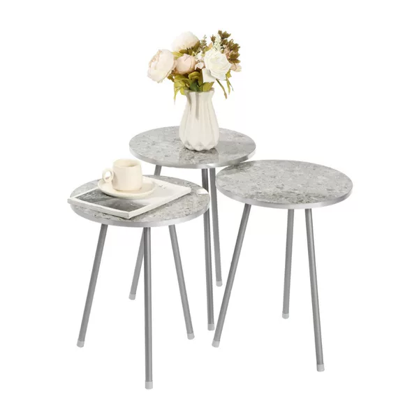 Specialized for Export, Set of 3 Small Space-Saving Round Stacking Coffee Side Tables - Gray, for Living Room, Bedroom, Easy to Assemble
