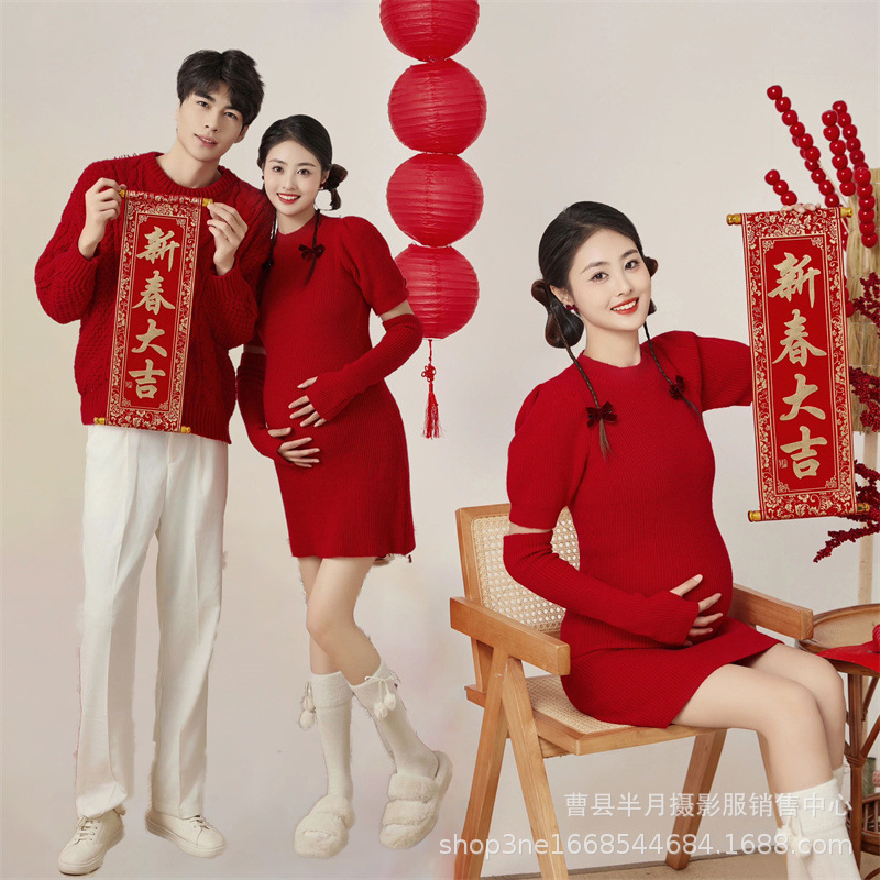 New Studio pregnant women photography clothing Christmas theme New Year red sweater couple suit photography home style