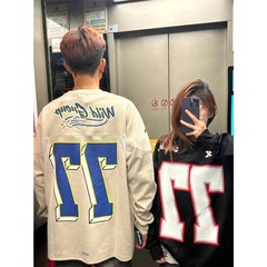 美式复古77号长袖卫衣男款春秋季藏蓝色外套国潮情侣装冰球服球衣