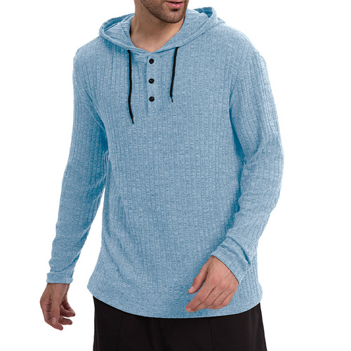Men's European and American Autumn/Winter Long Sleeve Casual Hooded T-shirt with Corded Hood and Button Base Layer Top