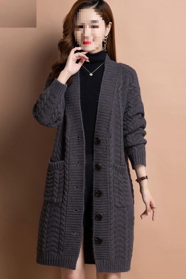 大码粗毛线过膝加厚针织衫秋冬毛衣外套女开衫中长款连帽时尚风衣