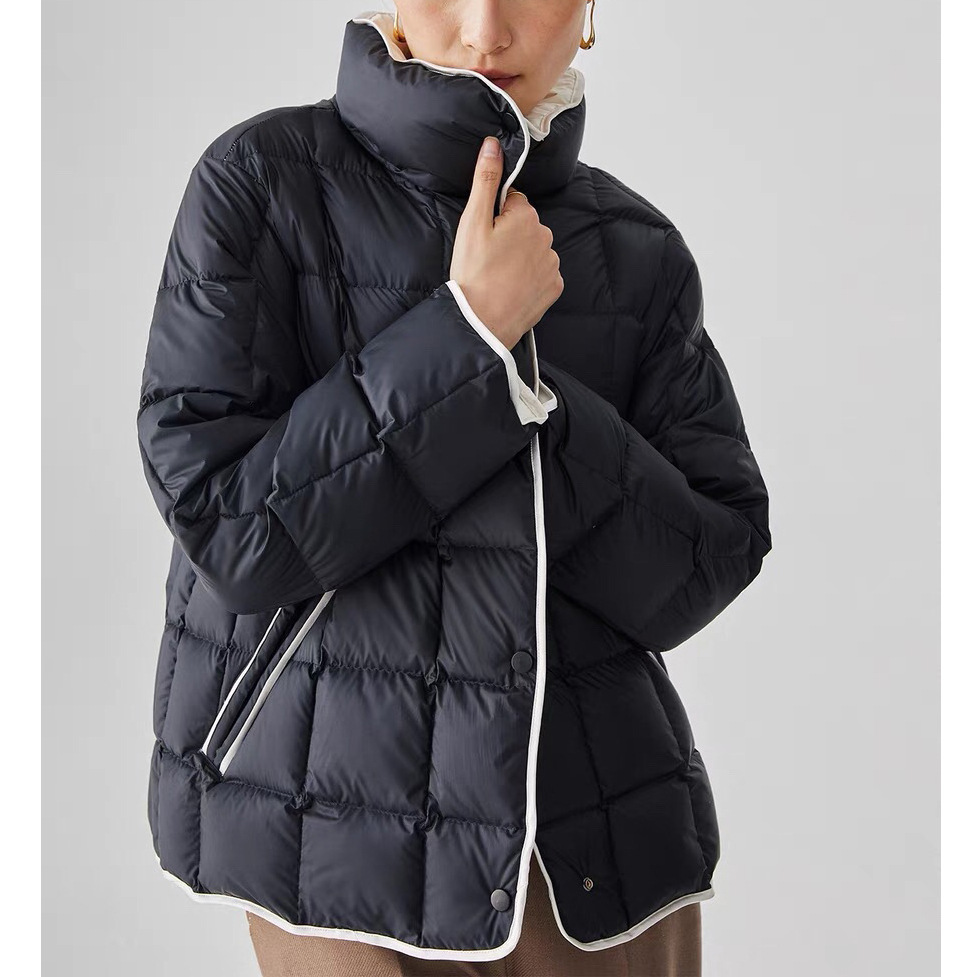 轻盈过冬！高端真丝镶边小立领羽绒服冬季短款90白鹅绒撞色鹅绒服